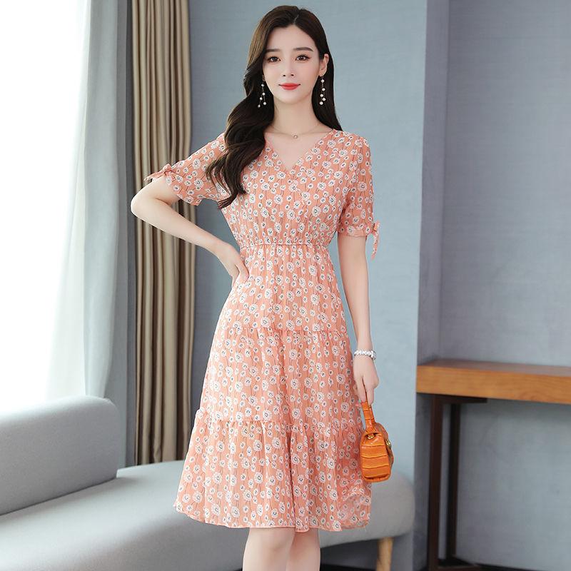 French Temperament Printed Dress Female Summer V-neck Slim Mid-length Dress Puff Sleeve A-line Skirt