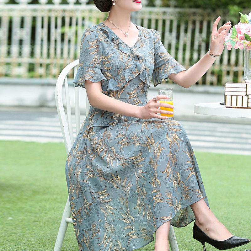 Chiffon Dress Spring Summer Ladies Irregular Over The Knee Long Dress Retro Lotus Leaf Floral Dress Round Neck Short Sleeves