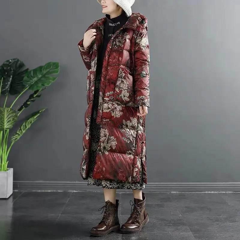 Women's Camouflage Pattern Down Jacket Chinese Style Printed Retro Buckle Mid-length Over-the-knee Large Size Ethnic Style Jacket
