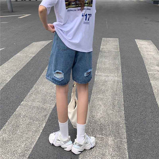 Five Points Denim Shorts Women's Summer High Waist Loose Wide Leg Pants