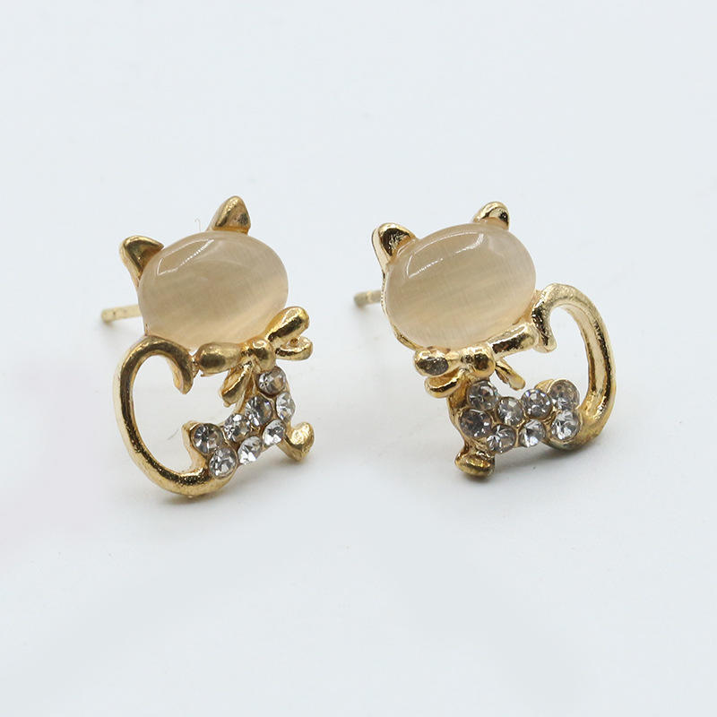 Opal Studs, Sparkling Cat Earrings, Cute Animal Ear Ornaments, Earrings