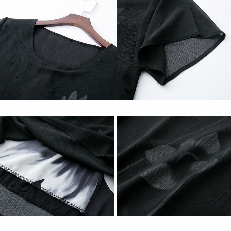 Large Size Loose Chiffon Dress Round Neck Short Sleeve Printing Mid-length Women's Clothing