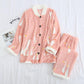 Autumn Winter Flannel Pajamas Suits Thick Warm Velvet Sleepwear Set Coral Fleece Cartoon Cute Home Wear Loose Casual Front Button V Neck Long Sleeve