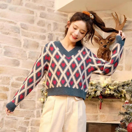 Sweater Women Autumn Winter 2021 Knitted Vintage Sense V-neck Christmas Peach Heart Short Top Sweater