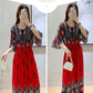 Ethnic Style Round Neck Three-quarter Sleeve Dress Retro Elastic Waist Ruffled Large Swing Skirt Holiday Travel Long Skirt Large Size Women's Clothing