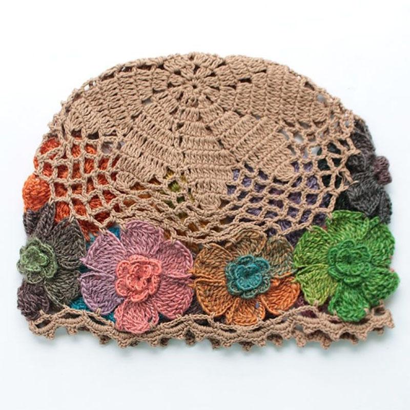 Gradient Stereo Flower Bag Head Hat Woman National Handmade Crochet Knit Hat Openwork Towel Hat
