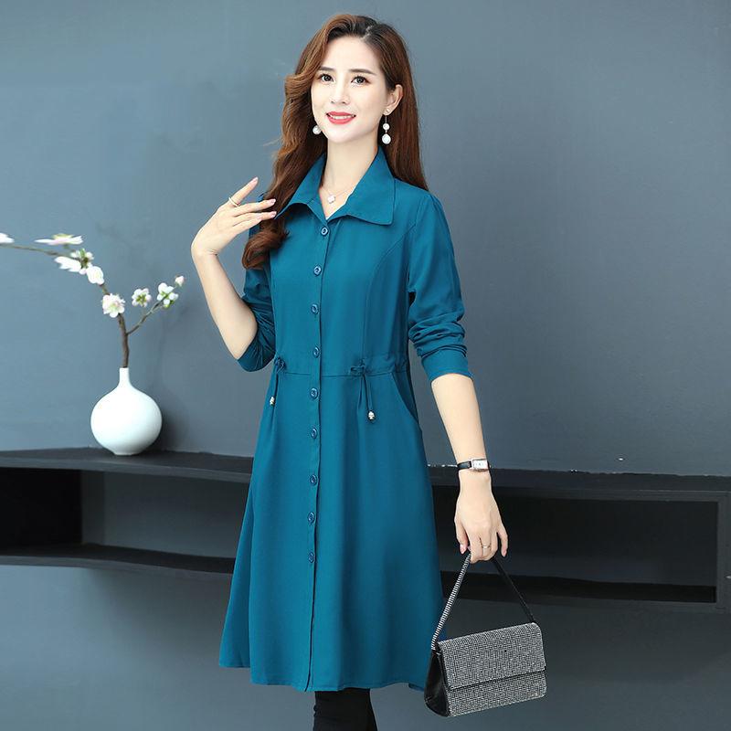 Pocket Long-sleeved Dress High-end Mid-length Lace-up Belly Button Skirt