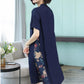 Summer Women's Dress Loose Large Size Retro Printed Skirt Simple Thin Short-sleeved V-neck Over-the-knee Skirt