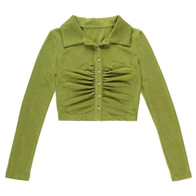 Polo Collar Long-sleeved Shirt Women's Spring and Autumn Slim Solid Color Top