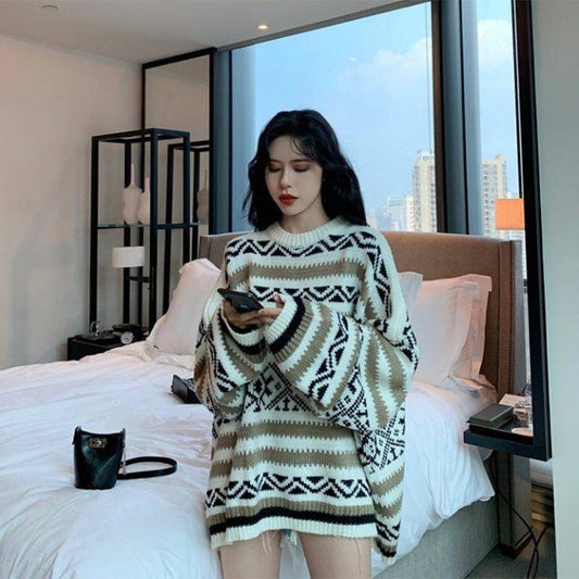 Pofulove round neck sweater women autumn and winter loose sweater jacquard long-sleeved thick