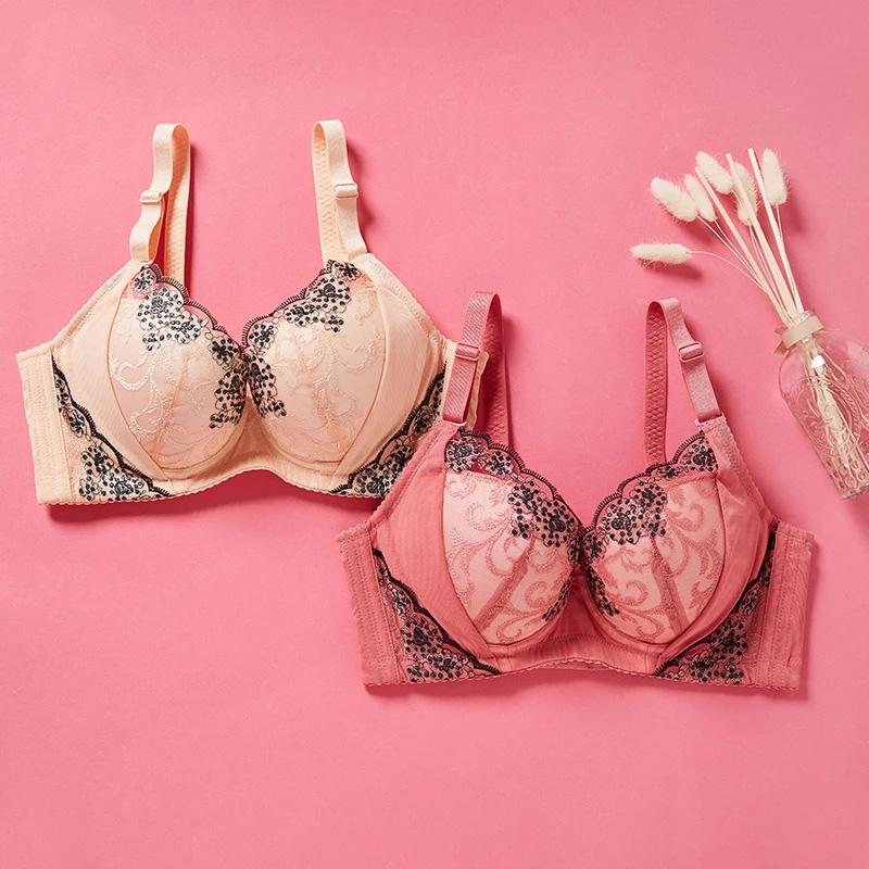Women's Sexy Lace Floral Underwear Small Breasts Gathered Adjustable Bra Big Breasts Full Cup Adjustable Comfortable Girl's Bra Embroidered Brassiere
