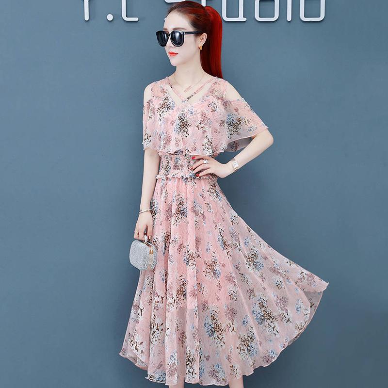 Temperament Floral Dress Women's Summer All-match Off-the-shoulder Waist-swinging Mid-length Chiffon A-line Skirt Fabric Light and Breathable