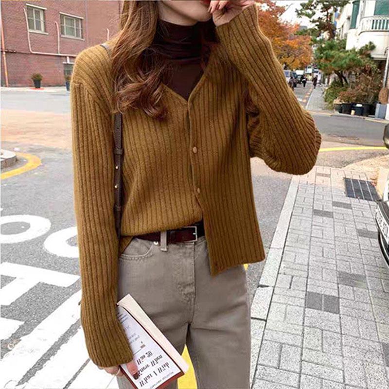Autumn and Winter Cardigan Sweater European and American Style V-neck Blouse Long Sleeve Pure Color Youth Female Jacket