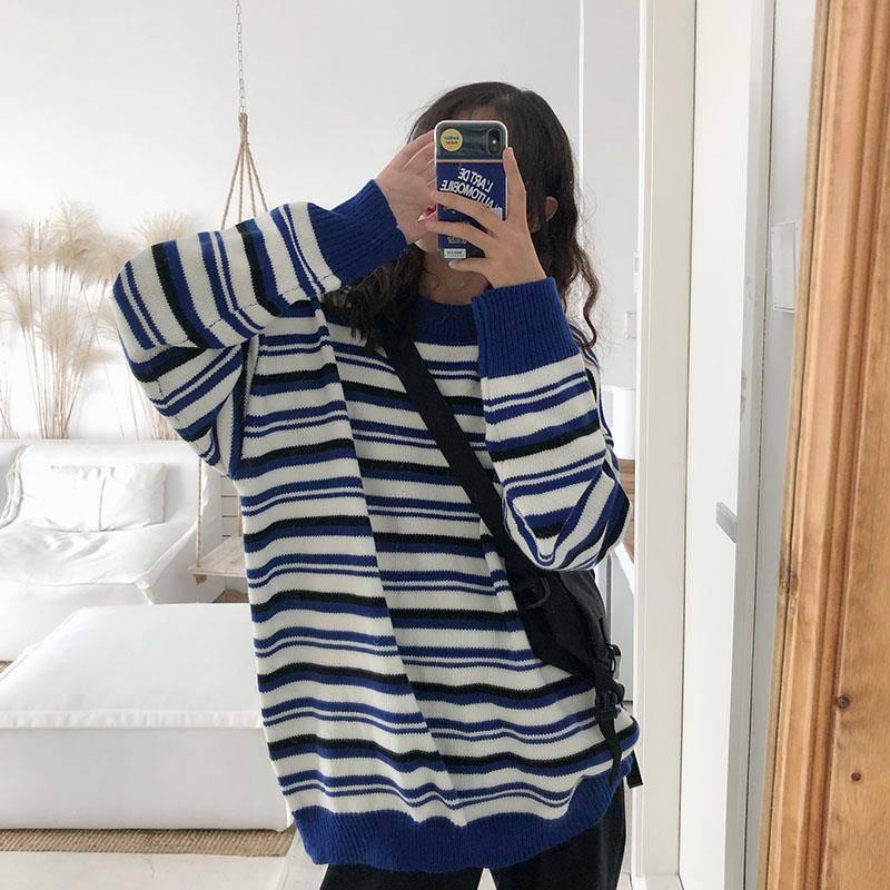 Pofulove Autumn Winter Japanese Striped Sweater Female Korean Loose Wild Round Neck Pullover Sweater