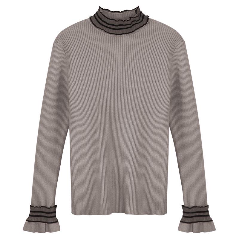 Pofulove flared sleeves lace shirt female long sleeve slim shirt Elegant cute sweater women