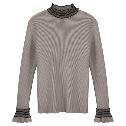 Pofulove flared sleeves lace shirt female long sleeve slim shirt Elegant cute sweater women