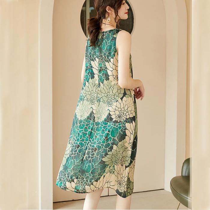 M-XXXXL Summer Ethnic Print Dress Round Neck Cotton and Linen Sleeveless Loose Mid-length Vest Skirt Daily Thin