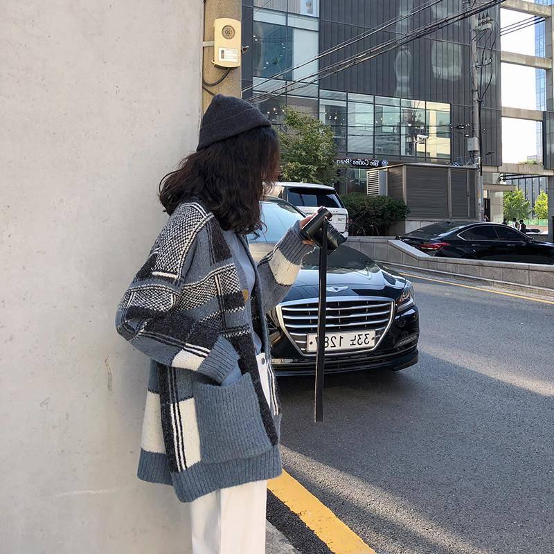 Retro Knit Cardigan Women's Loose Stitching Contrast Sweater Women's Fall Winter Top
