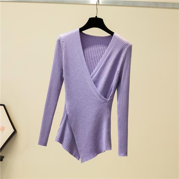 2021 Long-sleeved Cross V-neck Bottoming Shirt Women Autumn and Winter Knit Sweater