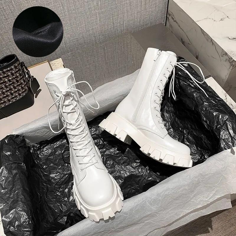 Platform Boots Women Shoes White Black PU Leather Booties Warm Ankle Boots Lace Up Combat Boots Flat Punk Goth Winter Autumn
