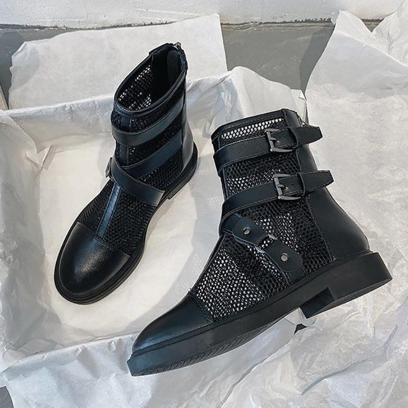 Women's Soft Leather and Mesh Martin Boots Summer Sandals All-match Back Zipper Flat Ankle Boots