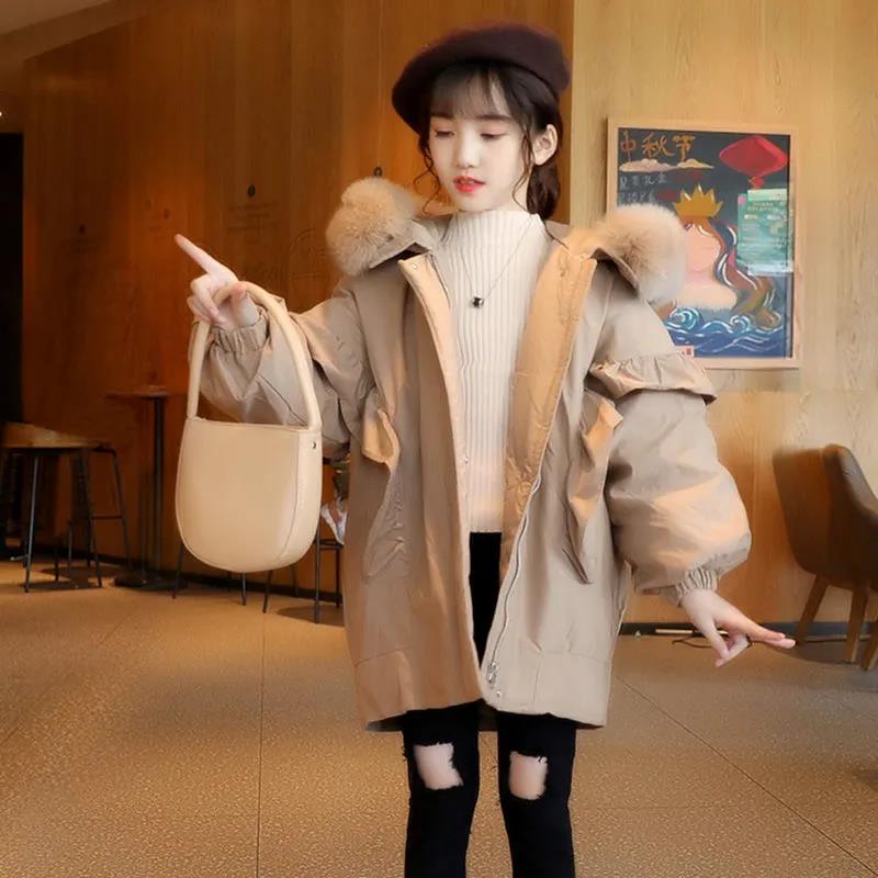 Girls' Padded Clothes Winter Plus Velvet Thickening Western Style Children's Padded Jacket Middle-aged Children's Padded Jackets Mid-length Coat