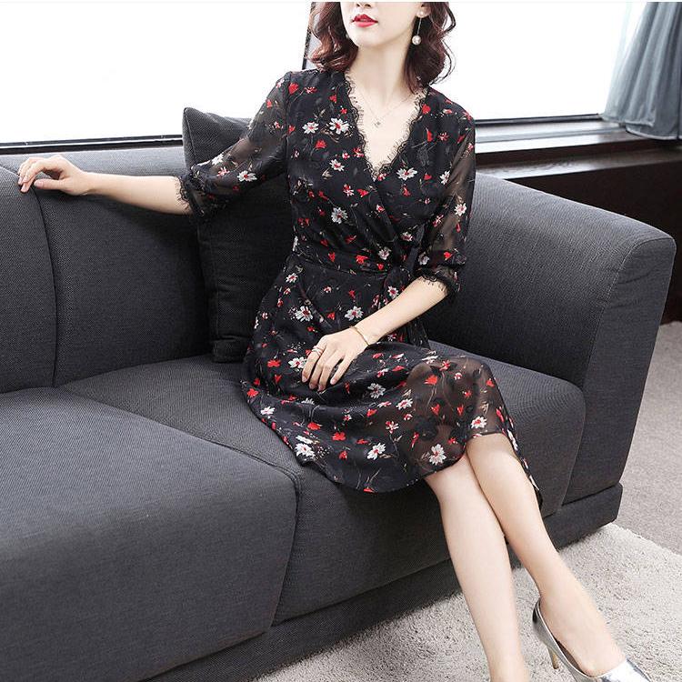 Vintage Spring Summer Chiffon Floral Printing Dress Midi Dress Pleated Hem Elegant Party Vestidos