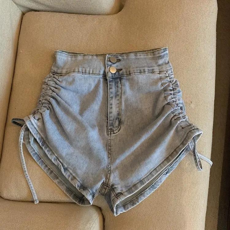 High Waist Drawstring Denim Shorts Women's Summer Thin Girl A-line Pants Comfortable Legging Long Short Pants Casual Wide Short Shorts