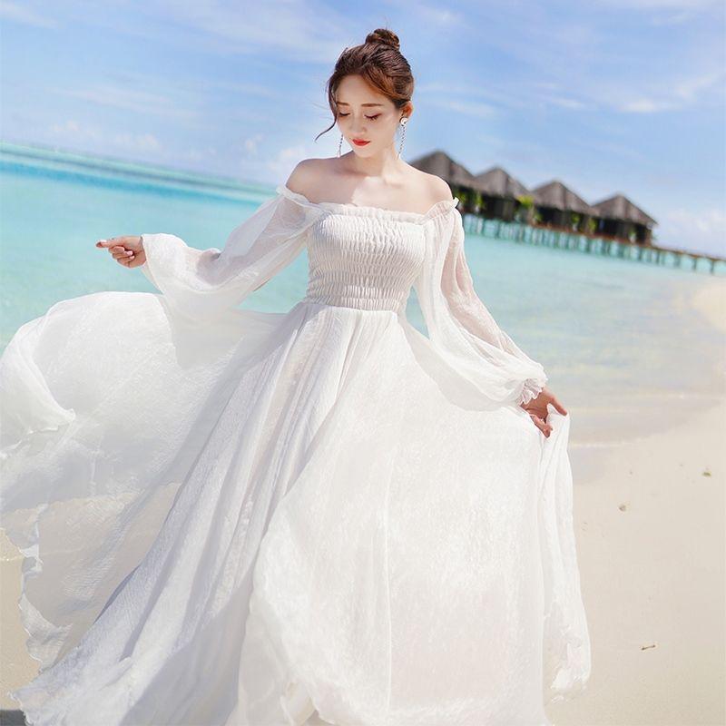 Woman skirt word shoulder chiffon dress female summer seaside beach skirt slim wild white dress