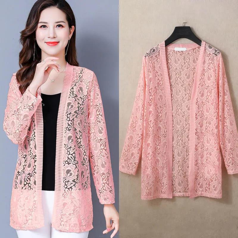 Summer Season Large Size Women's Clothing Mid-length Lace Cardigan Thin Coat Outside Long Sleeve Sun Protection Clothing