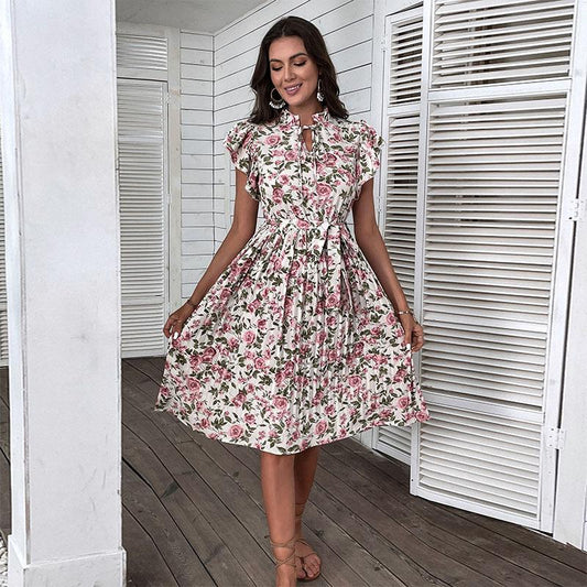 Summer European and American Retro Skirt Printing Mid-length White Dress