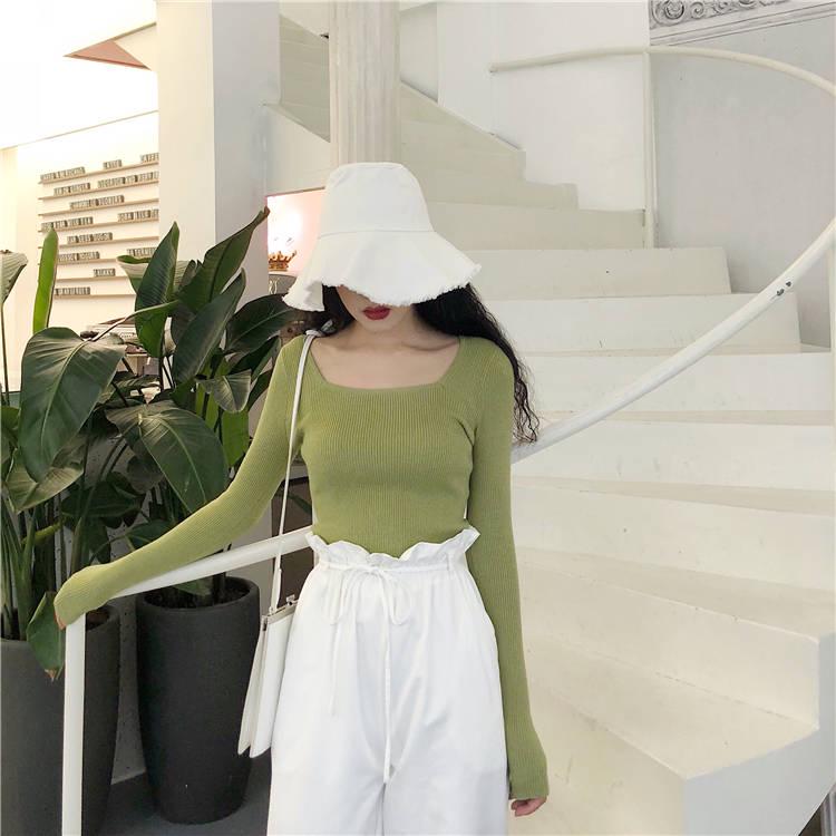 Pofulove Open Collarbone Square Collar Shirt Sweater Female Student Tight Bottoming Slim Sweater
