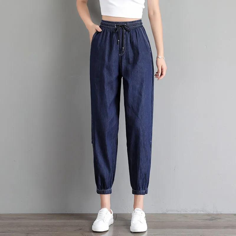 Tencel Thin Denim Jeans Women's Korean Style Loose Large Size Casual Ninth High Waist Harem Pants Outdoor Sports Denim Jeans Trousers