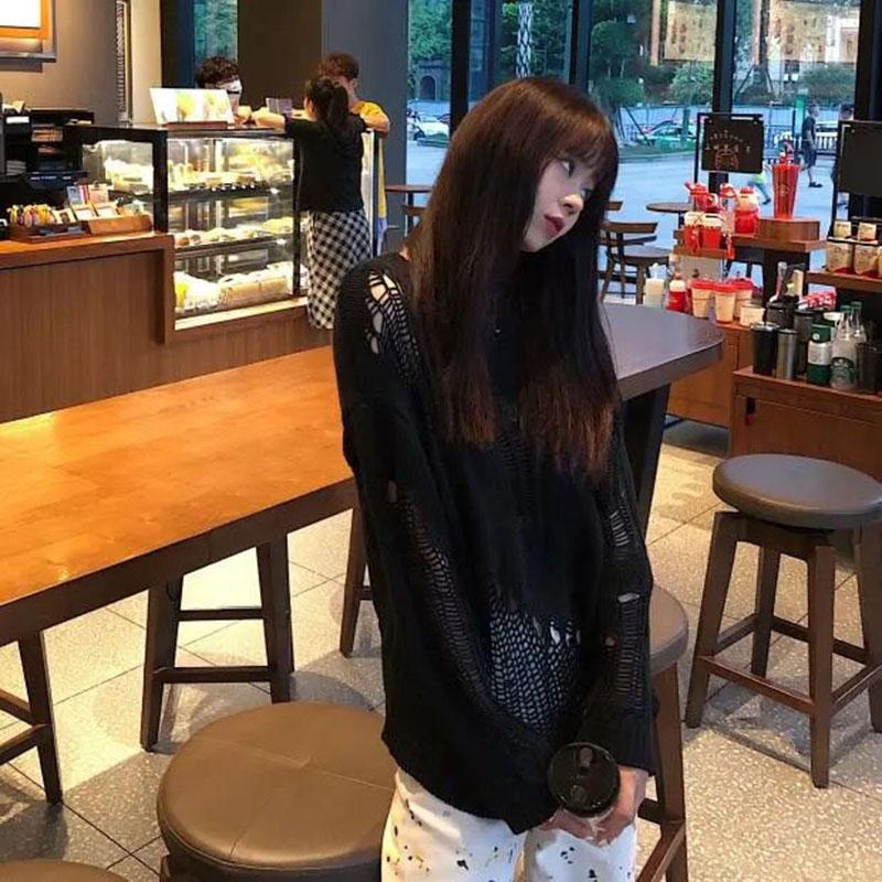Gothic Punk Hole Sweaters Women  Streetwear Harajuku Sweaters Hollow Out Broken Knitted Jumper Woman Pullover Sweater