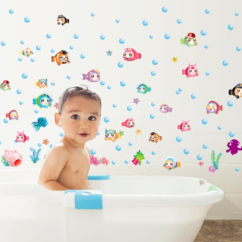 Cartoon sea bottom colorful bubble fish children room kindergarten bathroom sticker