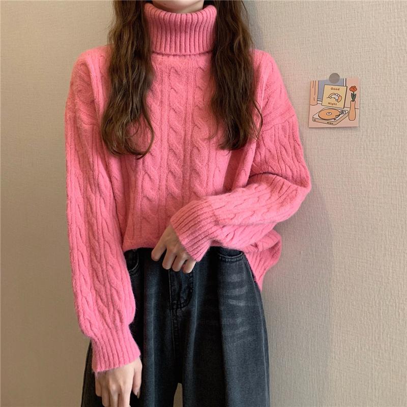 Turtleneck Sweater Women Fall Winter Long Sleeve Pink High Neck Plus Size Loose Pullovers Oversized Harajuku Knitted Jumper Women Winter Sweaters