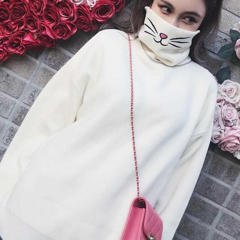 Lady Simple Color Slim Knitwear Turtleneck Bottoming Top Bunny Embroidery Pullover Sweater