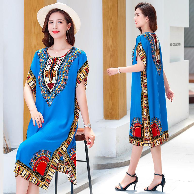 Summer Ethnic Print Dress Round Neck Cotton and Linen short  Sleeve Loose Mid-length Vest Skirt Daily Thin