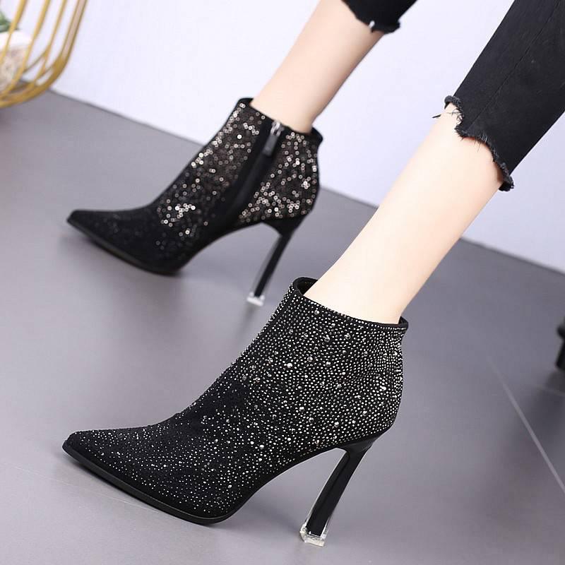 Woman Boots Slim High Heel Pointed Toe Winter Zipper Shiny Crystal Elegant and Temperamental