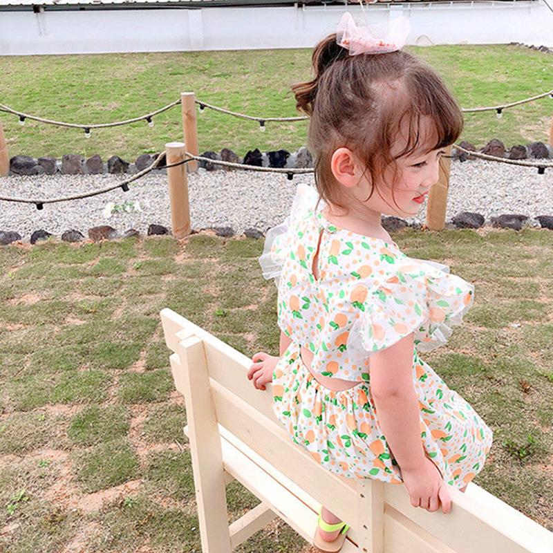 Girl's Back Hollow Out Dress Orange Skirt Children's Sleeveless Skirt Button Korean Baby Broken Flower Princess Skirt
