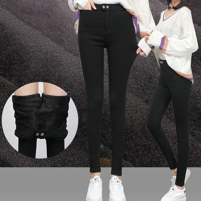 Fleece Thickened Imitation Jeans Women's Winter Bottoming Outer Wear Warm Pencil Feet Pants Solid Color High-waist Leggings
