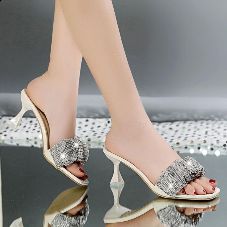 High-heeled Slippers Women's All-match Rhinestone Sandals and Slippers Temperament Stiletto Medium Heel Flip Flops
