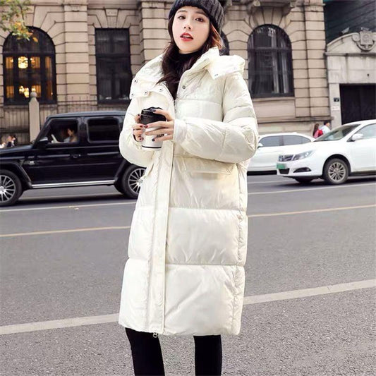 Mid-length Disposable Bright Face Stand-up Collar Hooded Women's Cotton-padded Coat Knee-length Cotton-padded Coat Thick Loose Bread Warm Jacket