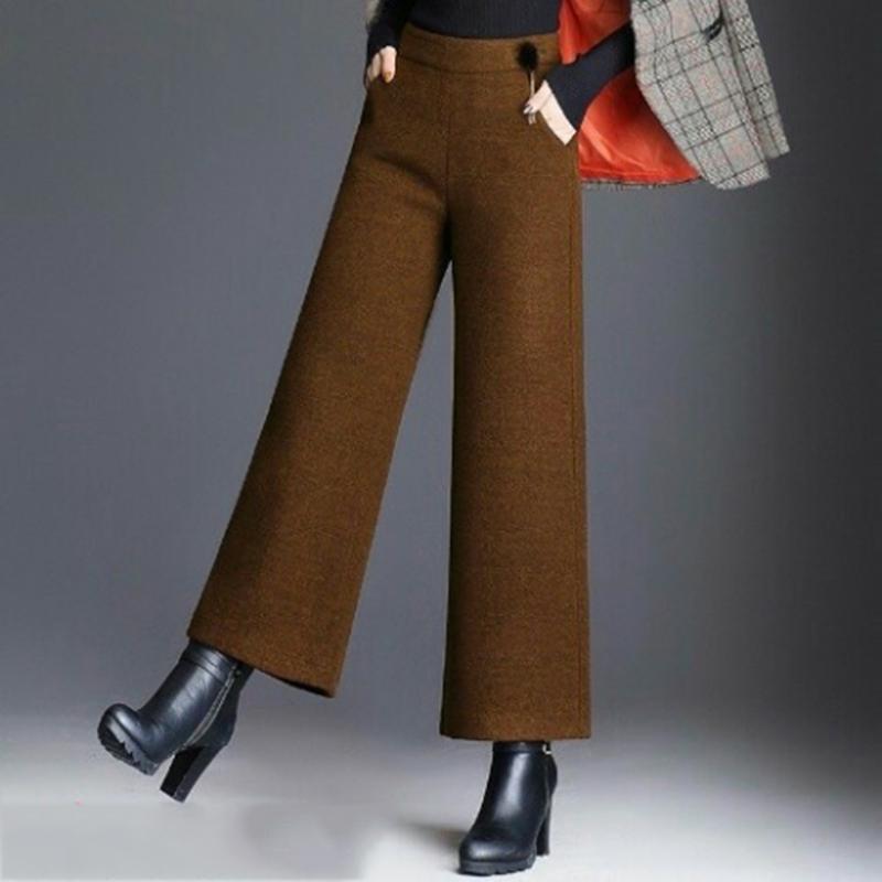 Women's Woolen Wide Leg Pants Winter Straight High Waist Thickening Wide Leg Pants Female Loose