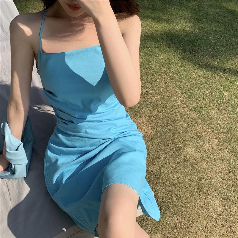 Female Vintage Slim Backless Suspender Beach Dress Elegant Casual High Waist Short Holiday Dress