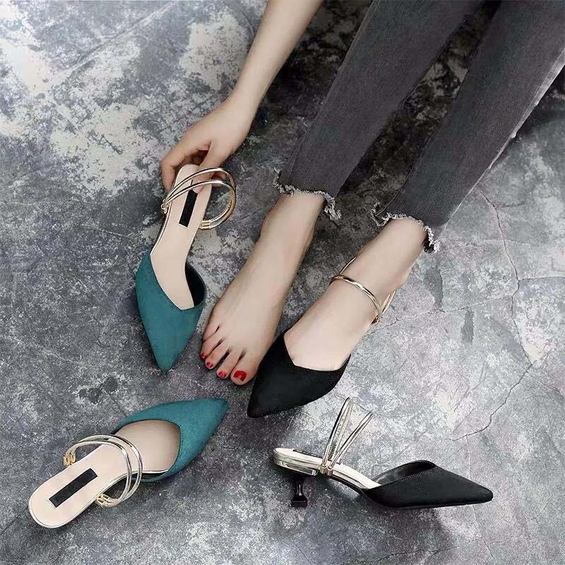 Summer High Heels Female Pointed Toe Stiletto Heel Wild Mid-heel Black Cat Heel Sandals and Slippers Women