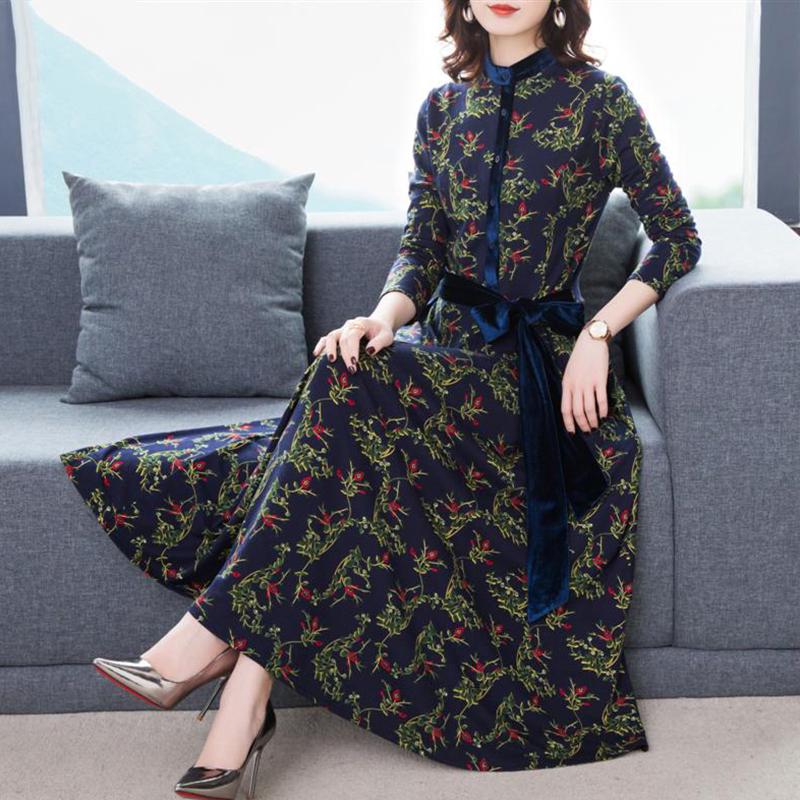 Floral Print Long Dress Bohemian Three Quarter Sleeve Sexy Dress Women O Neck Slim Elegant Dress