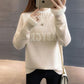 Pofulove women's Embroidered sweater fine-knit pullover sweater mock turtleneck fluffy plush cuffs