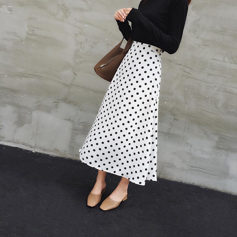 Spring Summer Polka Dot Skirt Floral Black Elegant Maxi Office Zipper Skirts with Lining Plus Size
