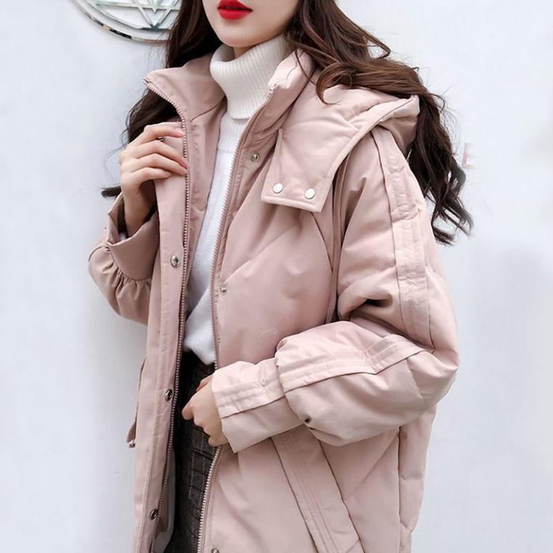 Winter Down Jacket Fashion Slim Zipper Hooded Cotton Jacket Women's Mid-length Solid Color Plus Size Down Coat